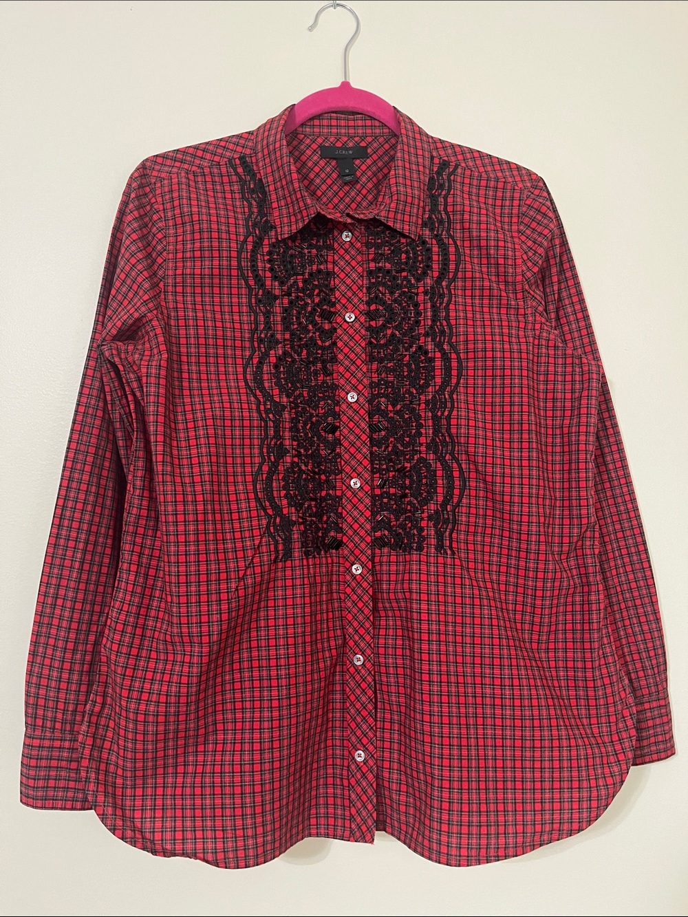 J.Crew Women’s Embellished Plaid Button Down Boy Shirt Black Beaded Embroidered.
